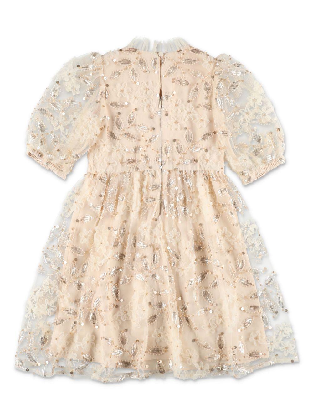 Abito con paillettes per bambina Self - Portrait Kids beige con inserti semi trasparenti - Rubino Kids