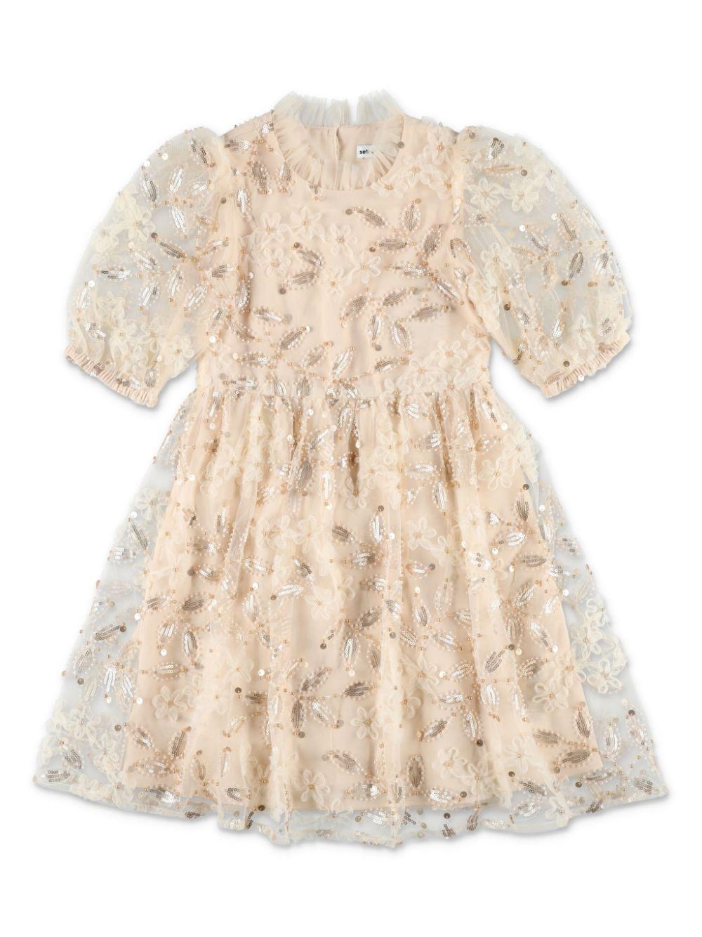 Abito con paillettes per bambina Self - Portrait Kids beige con inserti semi trasparenti - Rubino Kids