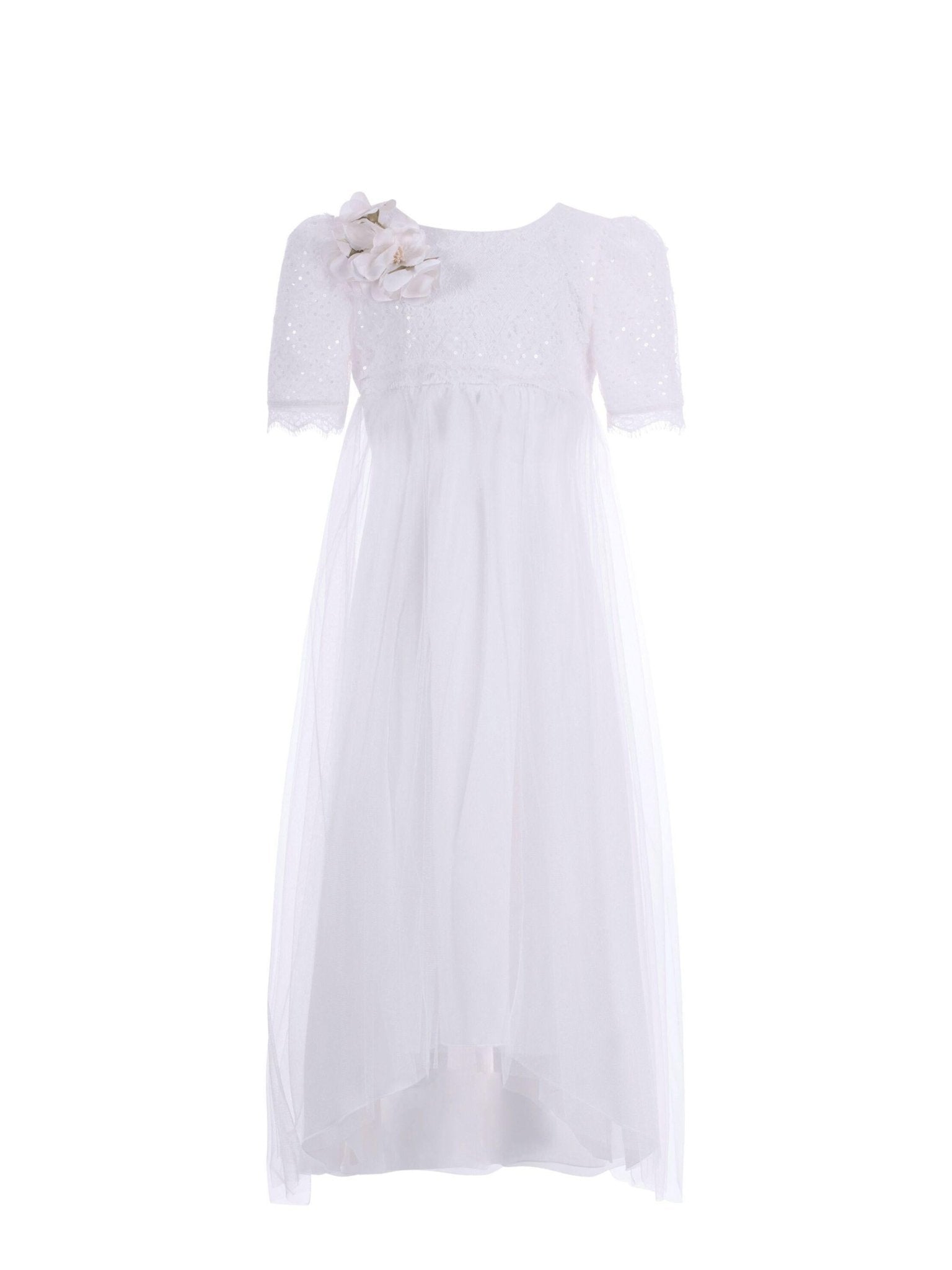 Abito per bambina Monnalisa bianco con applicazione fiori e paillettes - Rubino Kids