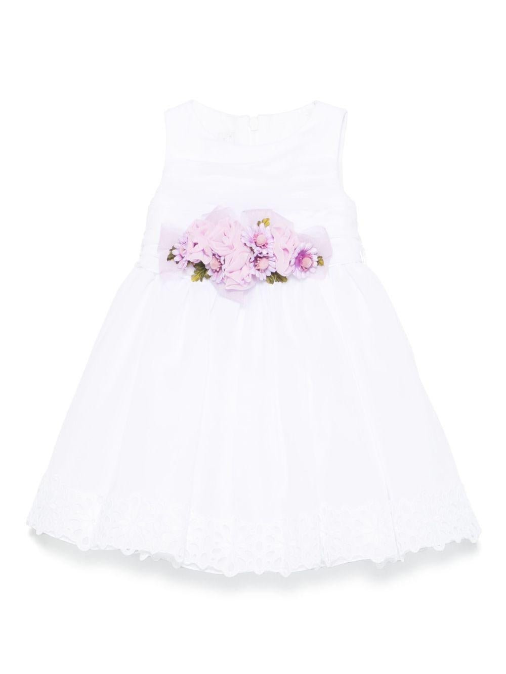 Abito per neonata Colorichiari bianco con arricciatura e applicazione a fiori - Rubino Kids