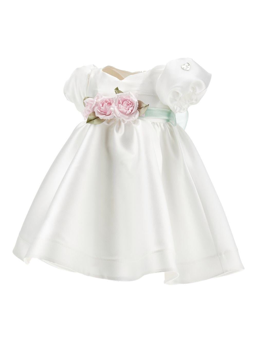 Abito per neonata Monnalisa bianco con dettaglio con fiocco e con fiore - Rubino Kids