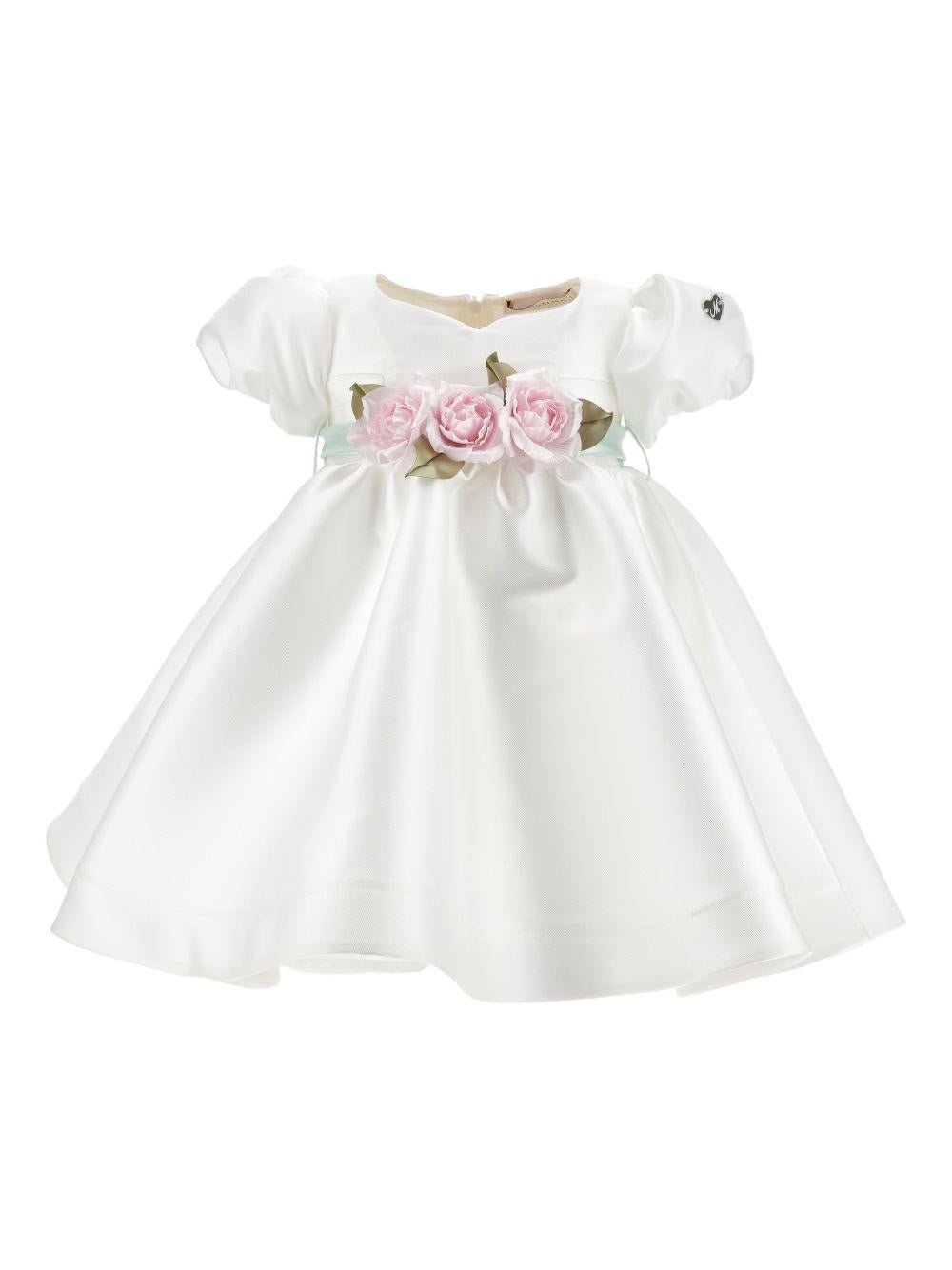 Abito per neonata Monnalisa bianco con dettaglio con fiocco e con fiore - Rubino Kids