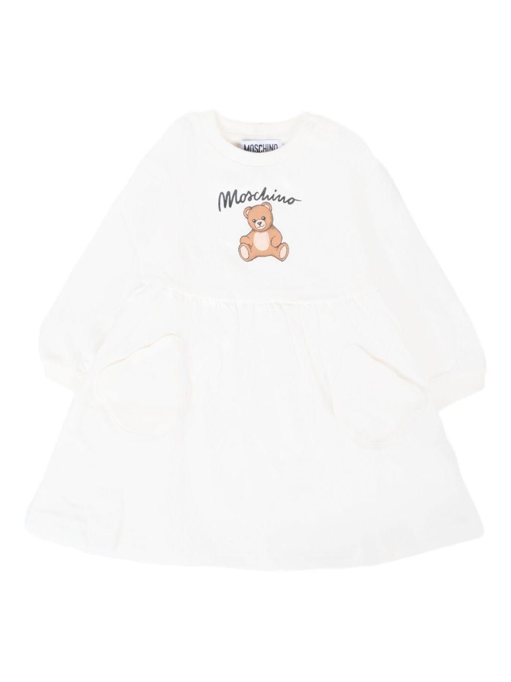 Abito per neonata Moschino Kids bianco con stampa Teddy - Rubino Kids
