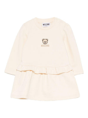 Moschino Kids beige embroidered dress for baby girls with ruffles