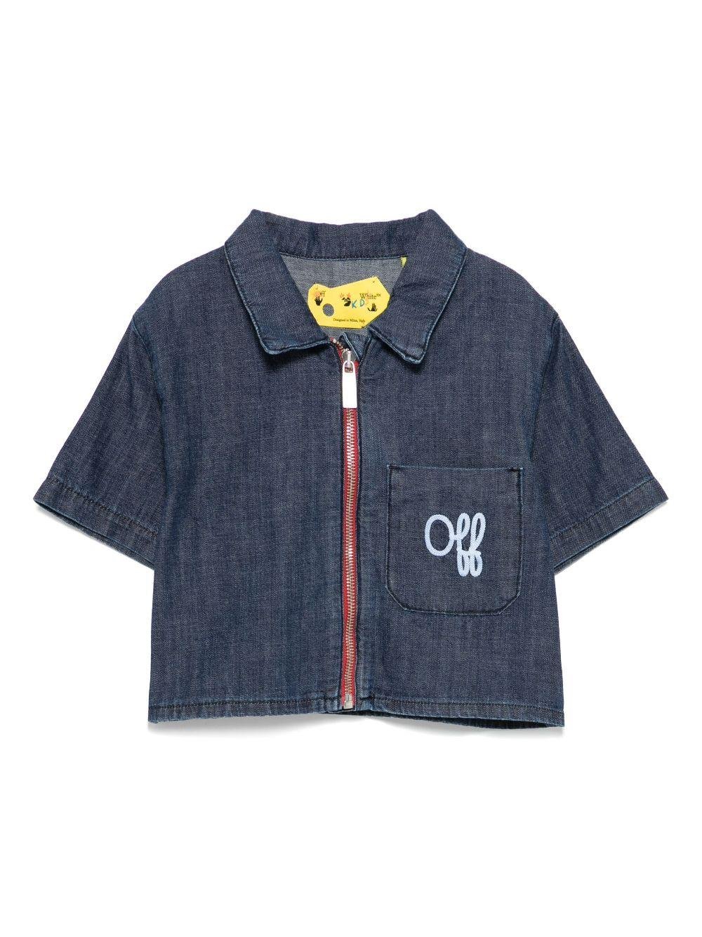 Camicia denim con ricamo per bambina Off - White Kids blu con tasca sul petto - Rubino Kids