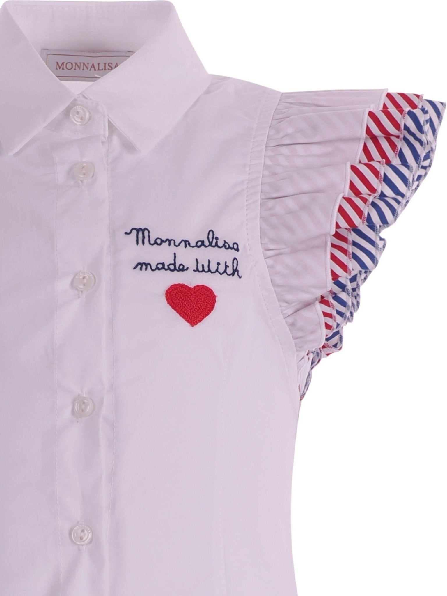 Camicia per bambina Monnalisa bianca con maniche a righe con ruches - Rubino Kids