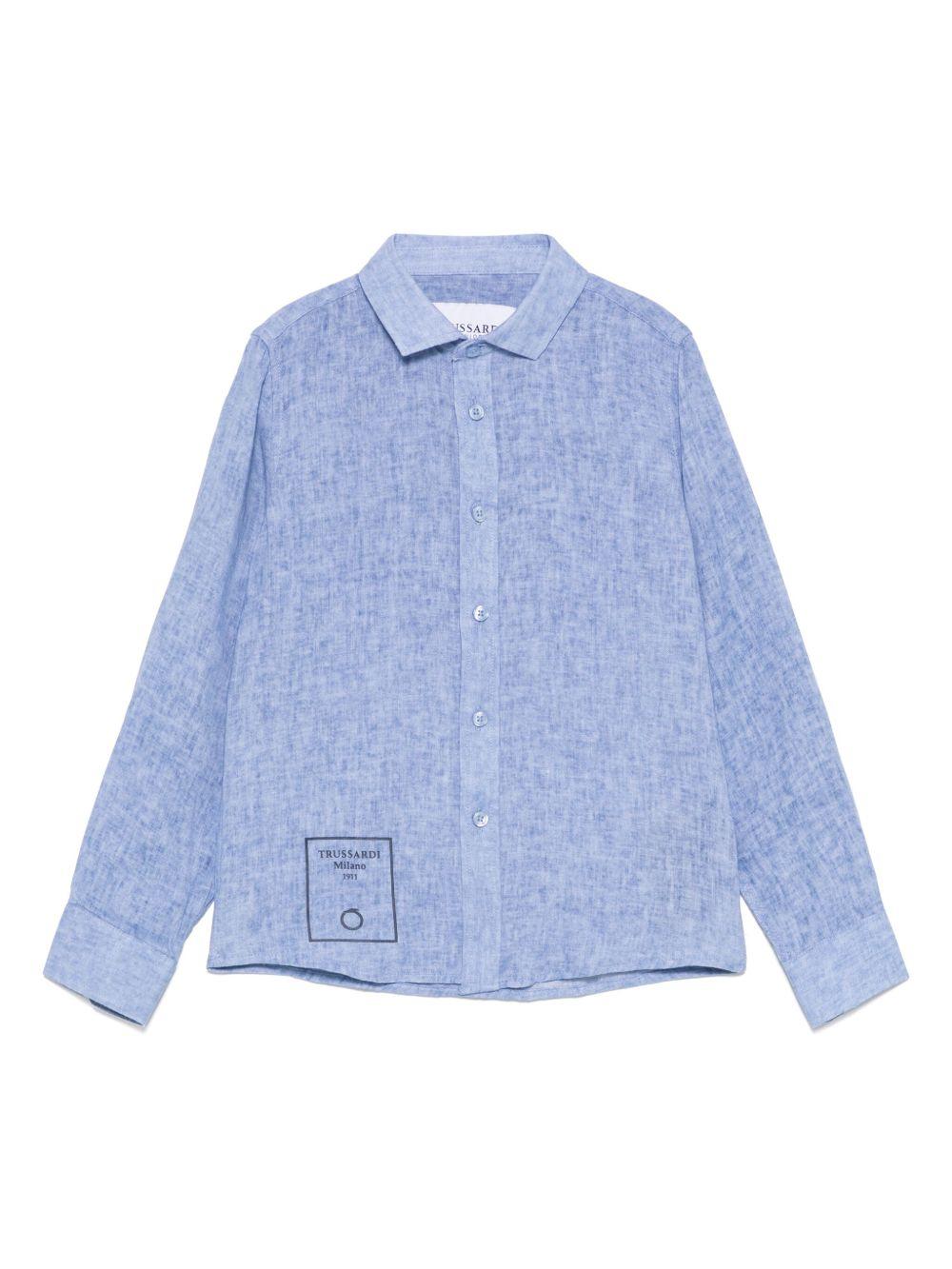 Camicia per bambino Trussardi Junior blu con stampa sul fondo e falsatura frontale con abbottonatura - Rubino Kids