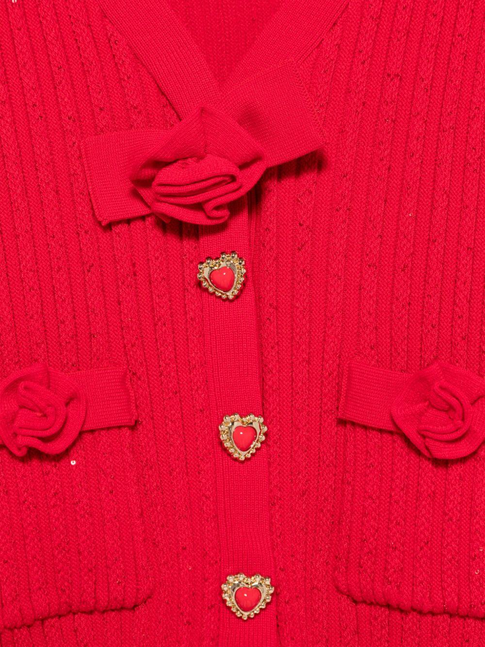 Cardigan a coste per bambina Self - Portrait Kids rosso con applicazione a fiori - Rubino Kids