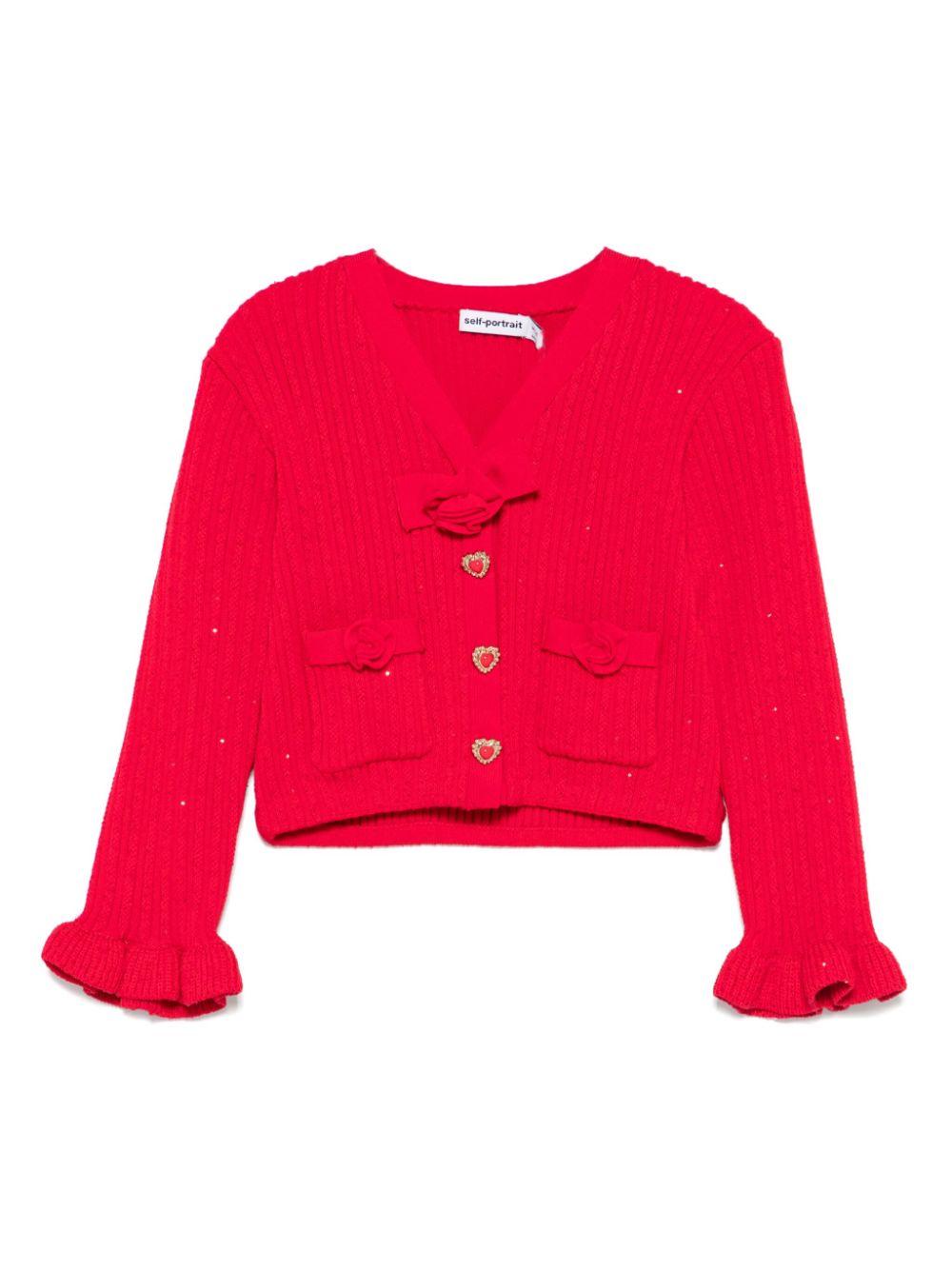 Cardigan a coste per bambina Self - Portrait Kids rosso con applicazione a fiori - Rubino Kids