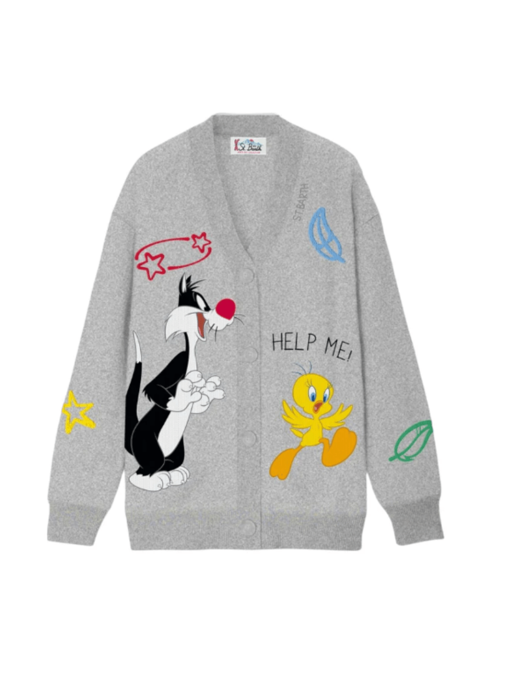 Cardigan per bambini MC2 Saint Barth Kids grigio con stampa Gatto Silvestro e Titti - Rubino Kids