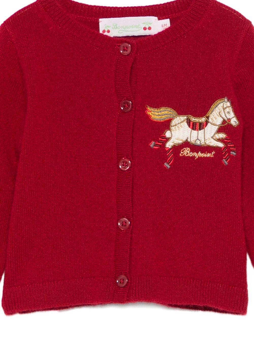 Cardigan per neonata Bonpoint rosso con ricamo cavallo a dondolo - Rubino Kids