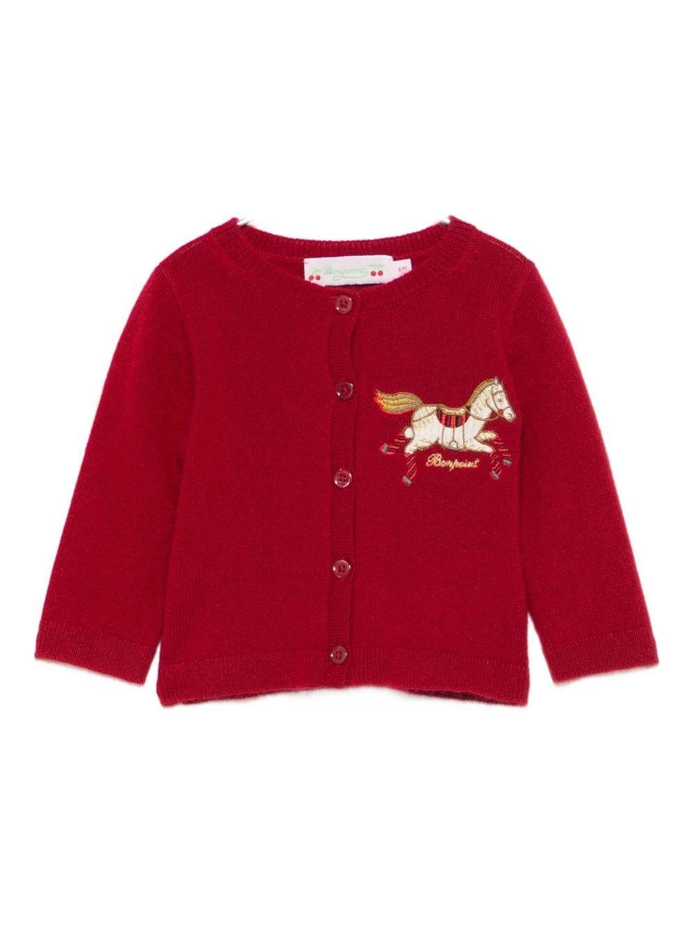 Cardigan per neonata Bonpoint rosso con ricamo cavallo a dondolo - Rubino Kids