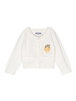 Moschino Kids white cardigan for baby girls with logo application on the chest