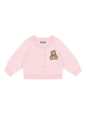 Moschino Kids pink cardigan for baby girls with Teddy Bear embroidery