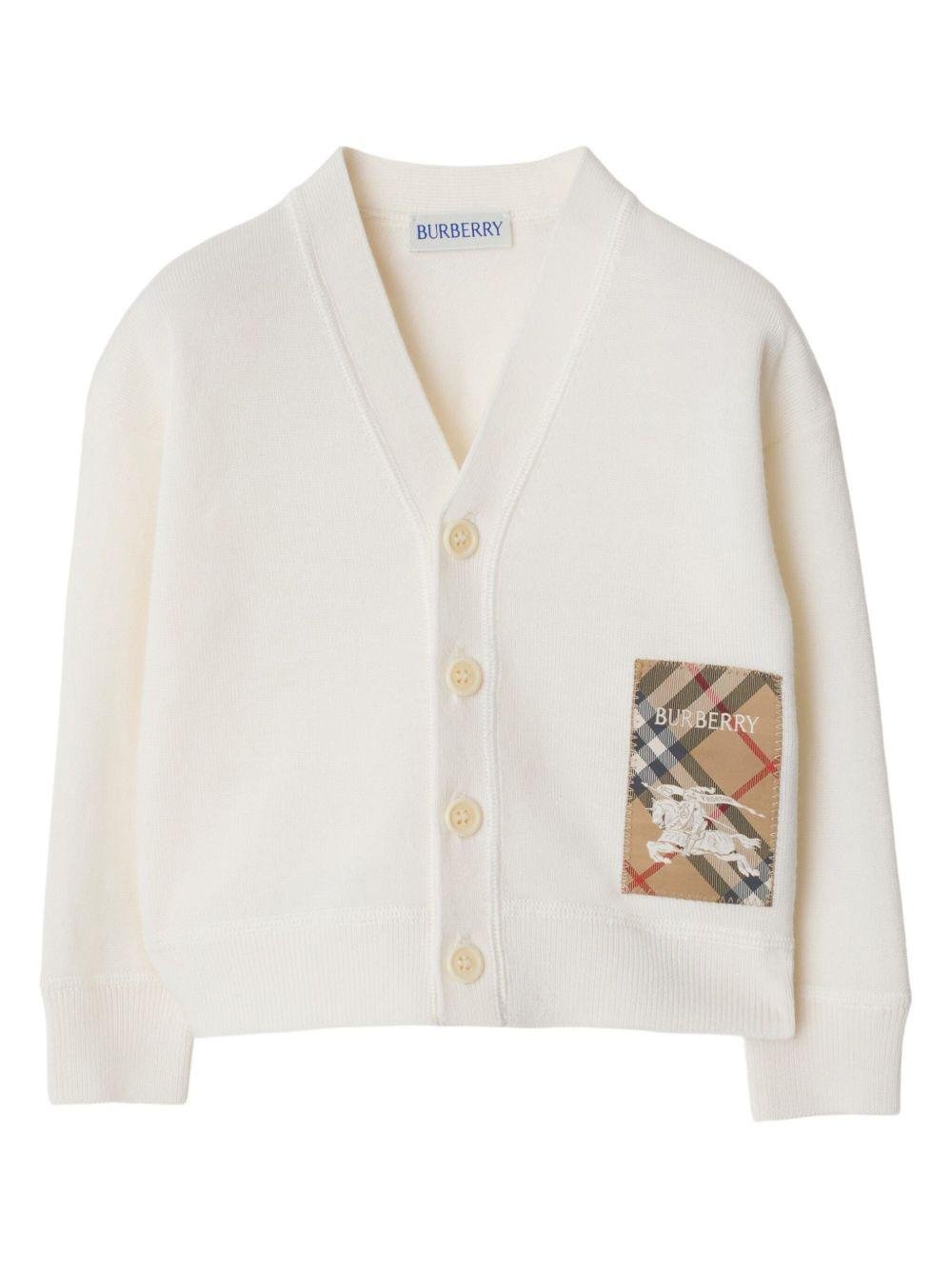 Cardigan per neonato Burberry Kids bianco in lana con applicazione logo - Rubino Kids