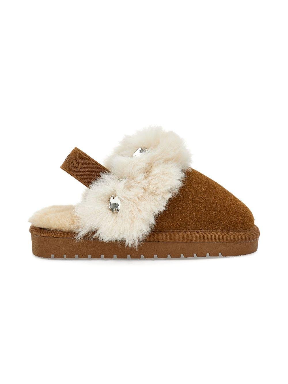 Ciabatte per bambina Monnalisa marroni con bordo in pelliccia - Rubino Kids