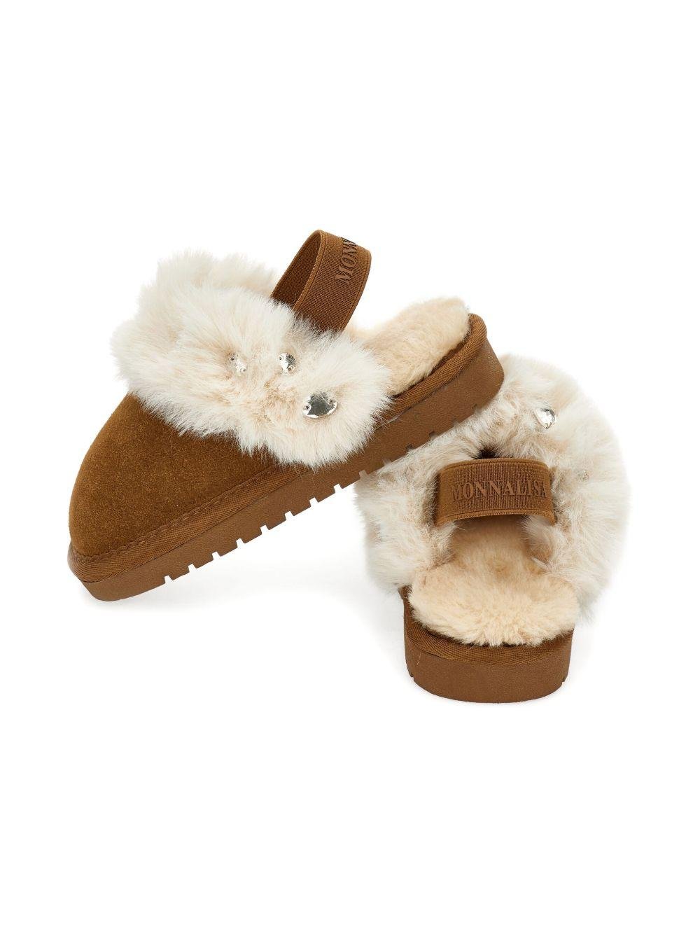 Ciabatte per bambina Monnalisa marroni con bordo in pelliccia - Rubino Kids