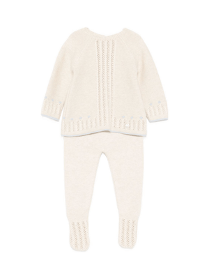 Paz Rodríguez beige sweater and pants set for newborns with openwork details