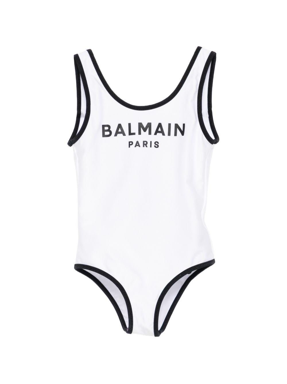 Costume per bambina Balmain Kids bianco con stampa logo sul davanti - Rubino Kids