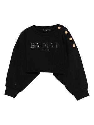 Felpa per bambina Balmain Kids nera con stampa logo e bottoni