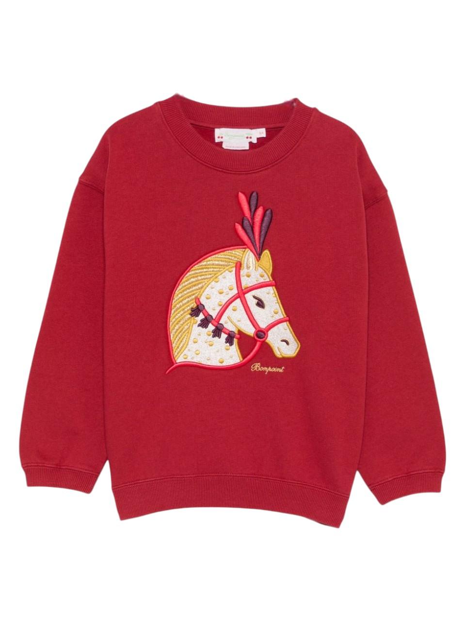 Felpa per bambina Bonpoint rossa con ricamo cavallo sul davanti - Rubino Kids