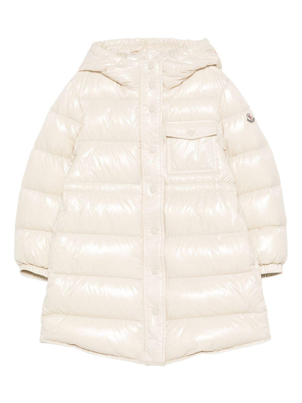 Giacca Dacca per bambina Moncler Enfant bianca con cappuccio - Rubino Kids