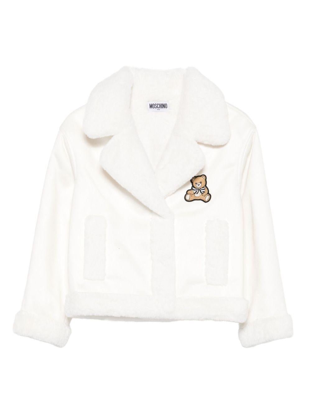 Giacca in pile per bambina Moschino Kids bianco con toppa orsacchiotto - Rubino Kids