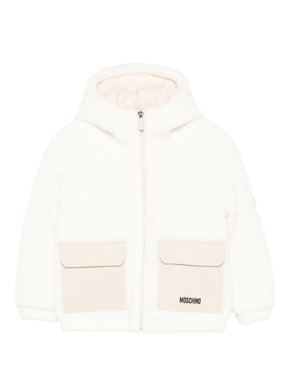 Giacca per bambino Moschino Kids bianco con cappuccio e logo - Rubino Kids