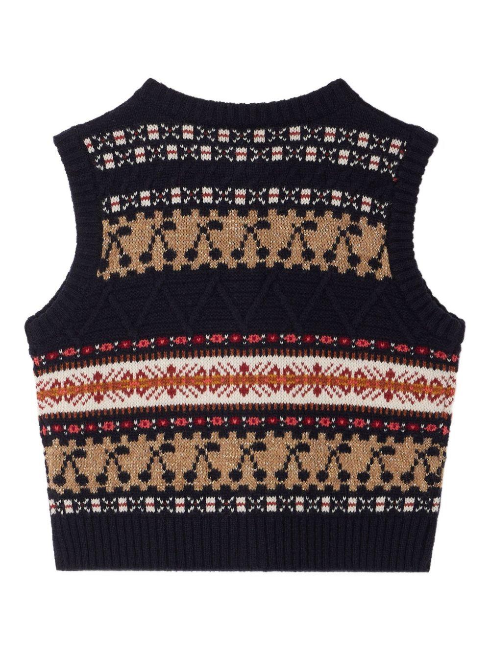 Gilet per bambina Bonpoint blu in lana con bottoni motivo Fair Isle Janou - Rubino Kids