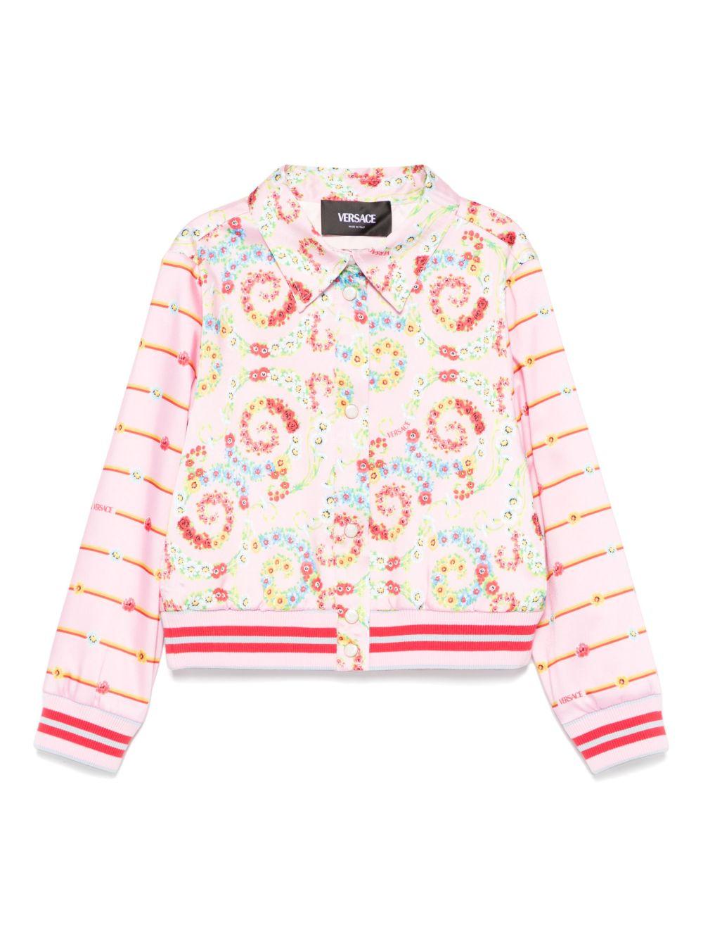 Giubbino per bambina Versace Kids rosa barocco flowers con orlo e polsini a coste - Rubino Kids