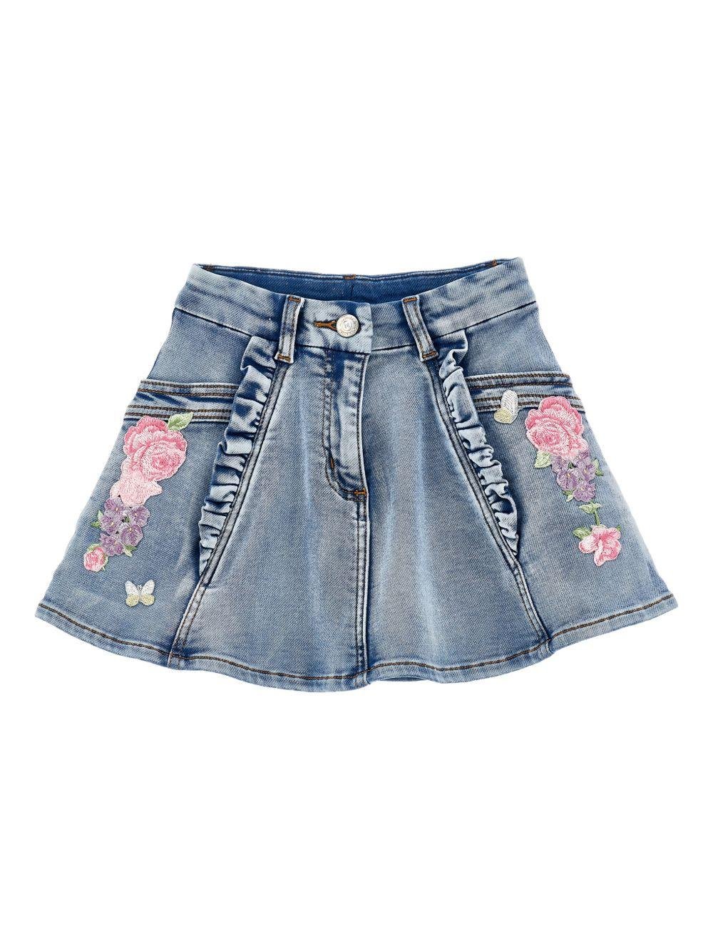 Gonna per bambina Monnalisa in denim con ricamo a fiori - Rubino Kids