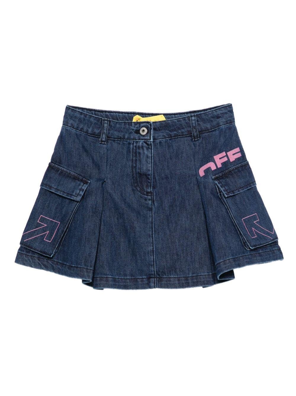 Gonna per bambina Off - White Kids in denim plissettata con stampa logo - Rubino Kids