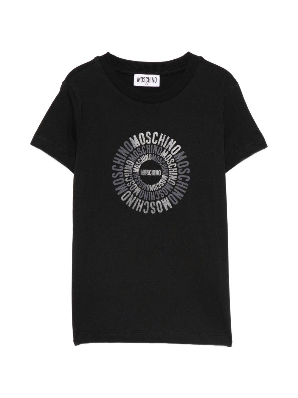 T-shirt per bambini Moschino Kids nera con logo a spirale sul davanti HXM058LAA02 60100 MOSCHINO KIDS