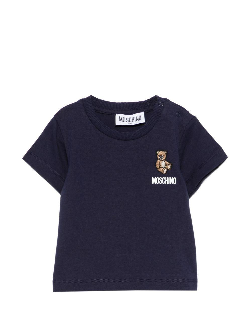 T-shirt per neonati Moschino Kids blu con ricamo orsetto MUM04TLAA02 40016 MOSCHINO KIDS