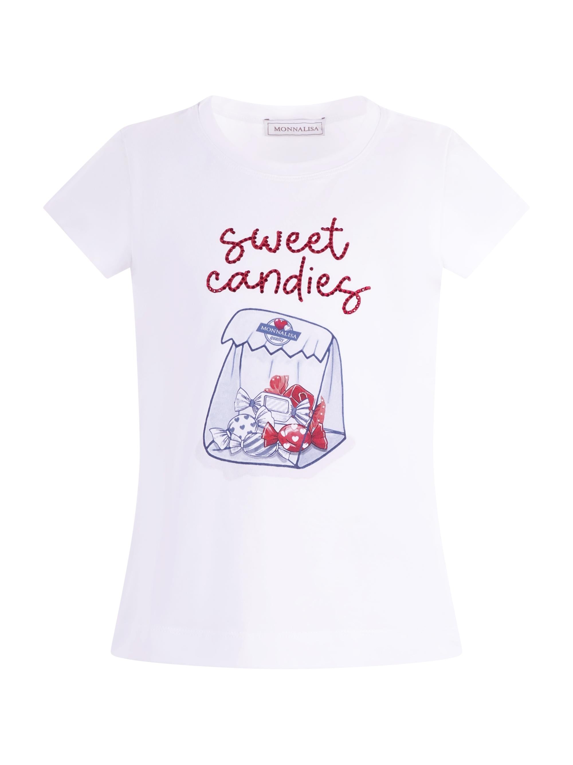 T-shirt per bambina Monnalisa Sweet Candies bianca con stampa grafica 11G609 7201 0099 MONNALISA