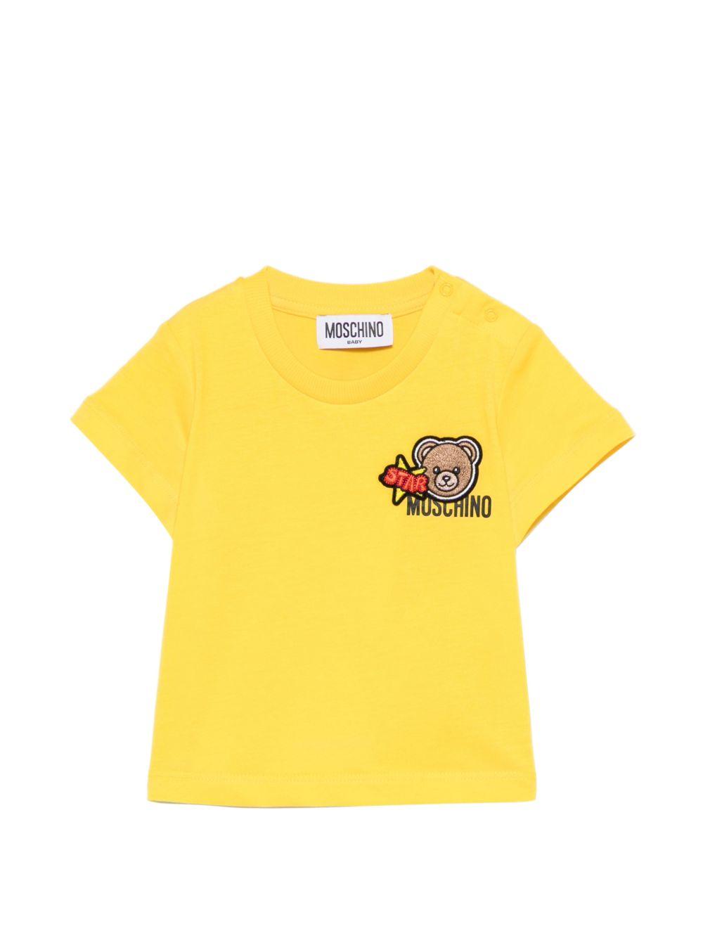 T-shirt per neonati Moschino Kids gialla con Teddy Bear ricamato MVM047LAA24 50577 MOSCHINO KIDS