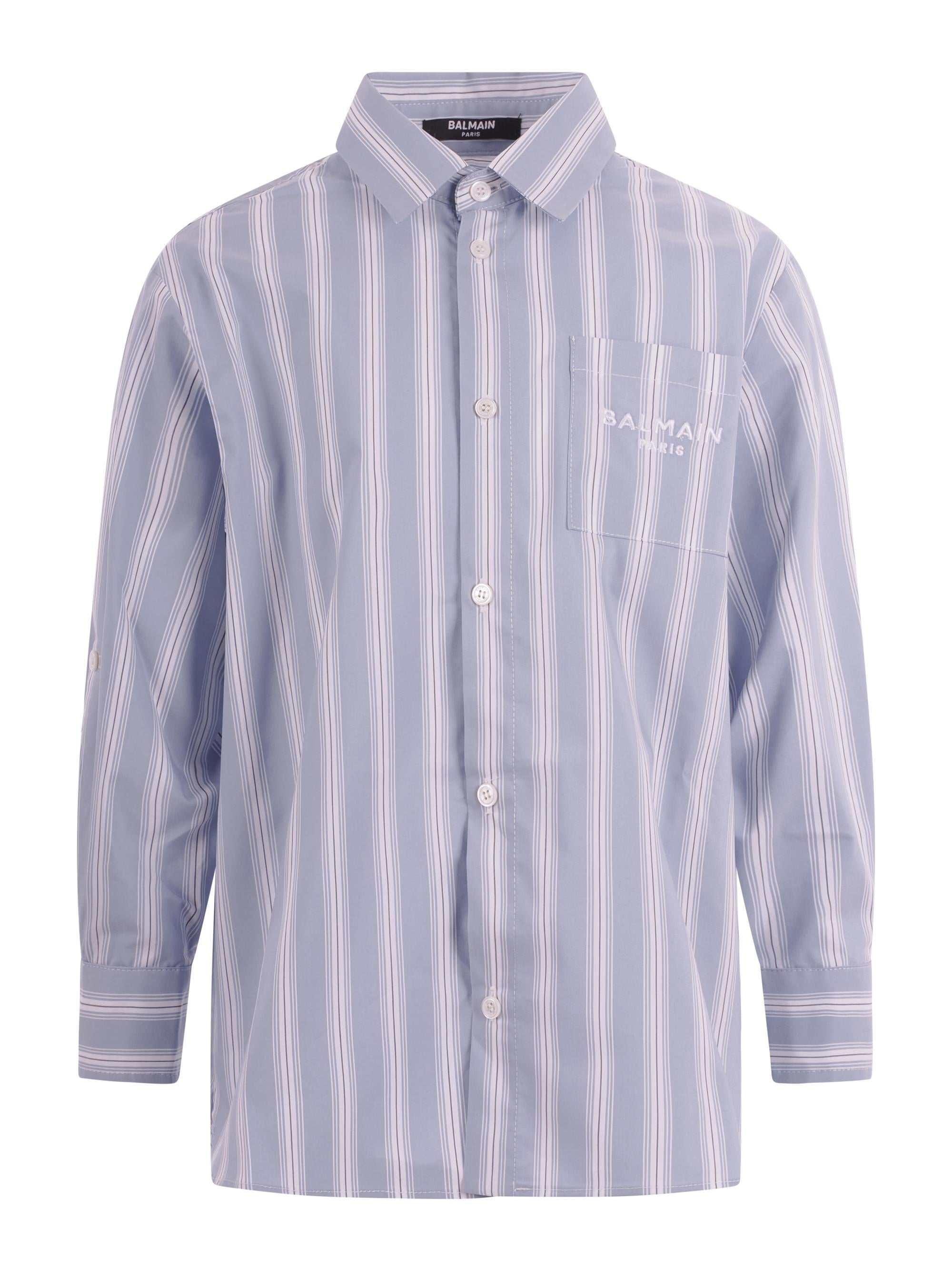 Camicia per bambino Balmain Kids azzurra con motivo a righe BY5P30 P0592 685BC BALMAIN KIDS