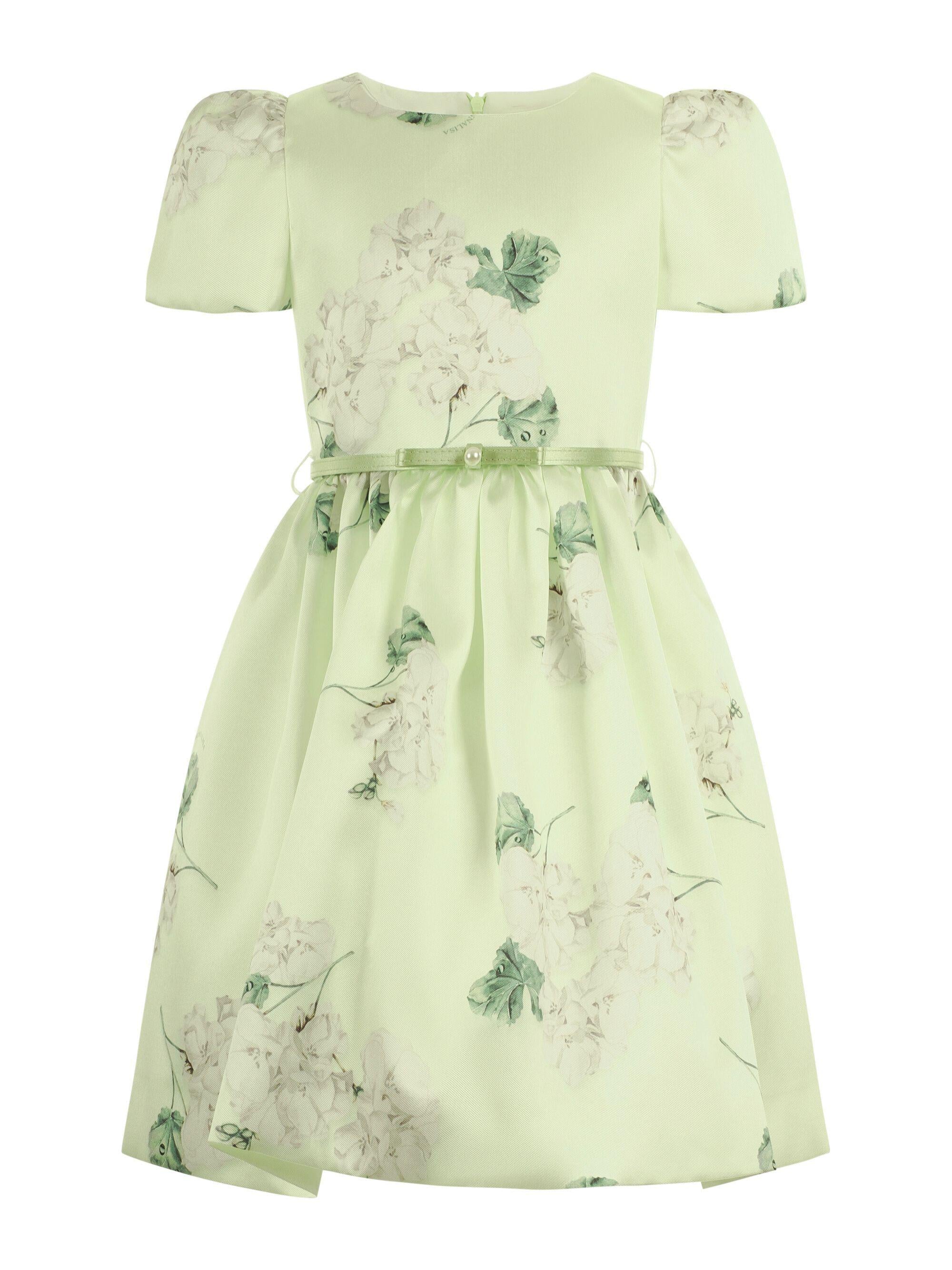 Abito per bambina Monnalisa verde con stampa grafica a fiori con cintura 71G907 7650 0020 MONNALISA
