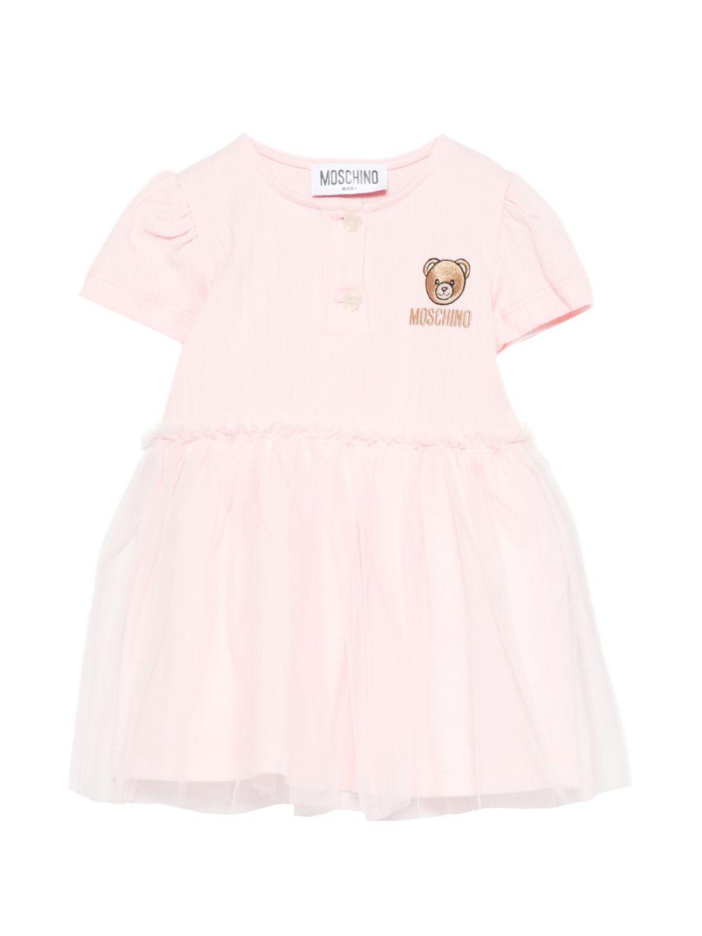 Abito per neonata Moschino Kids rosa con ricamo Teddy Bear MDV0DBLAA55 50209 MOSCHINO KIDS
