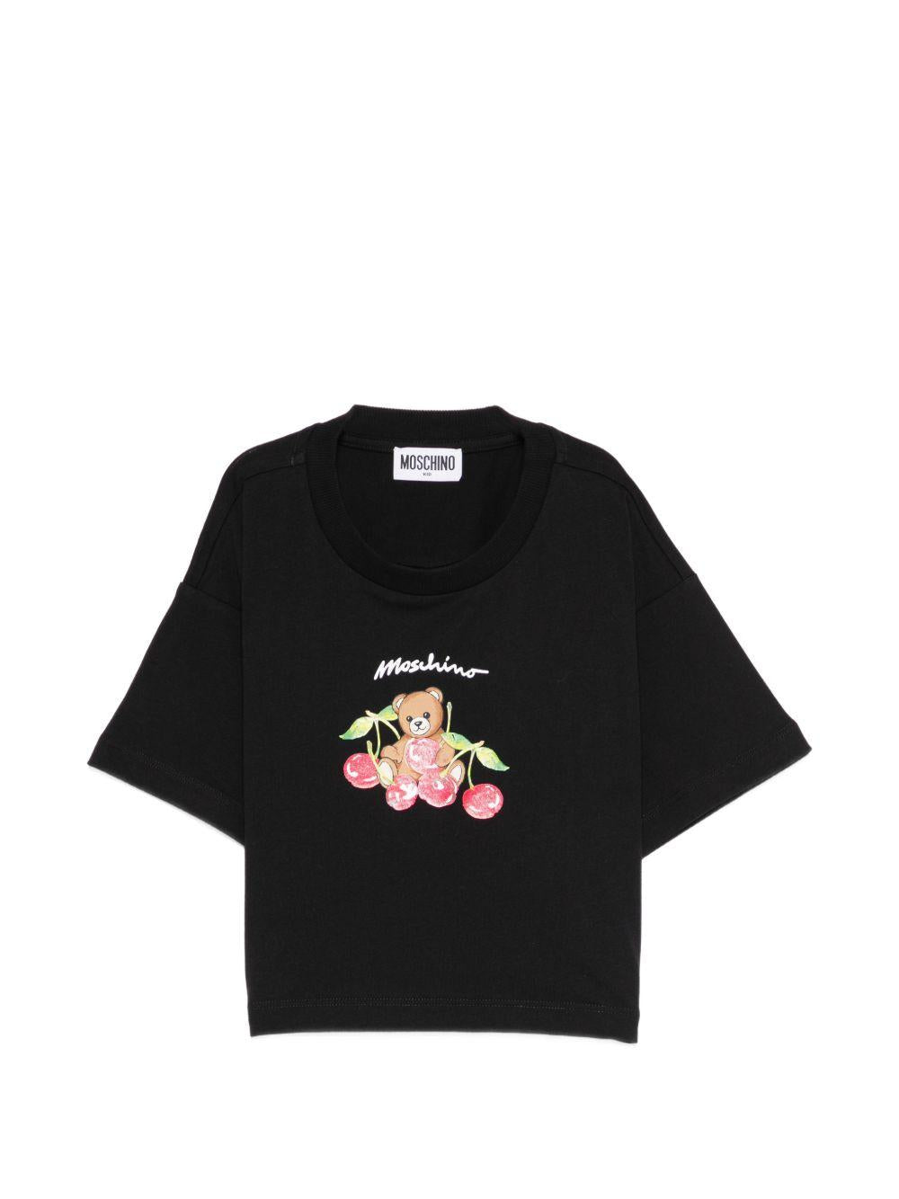 T-shirt per bambina Moschino Kids nera con stampa Teddy Bear sul davanti HDM075LAA02 60100 MOSCHINO KIDS