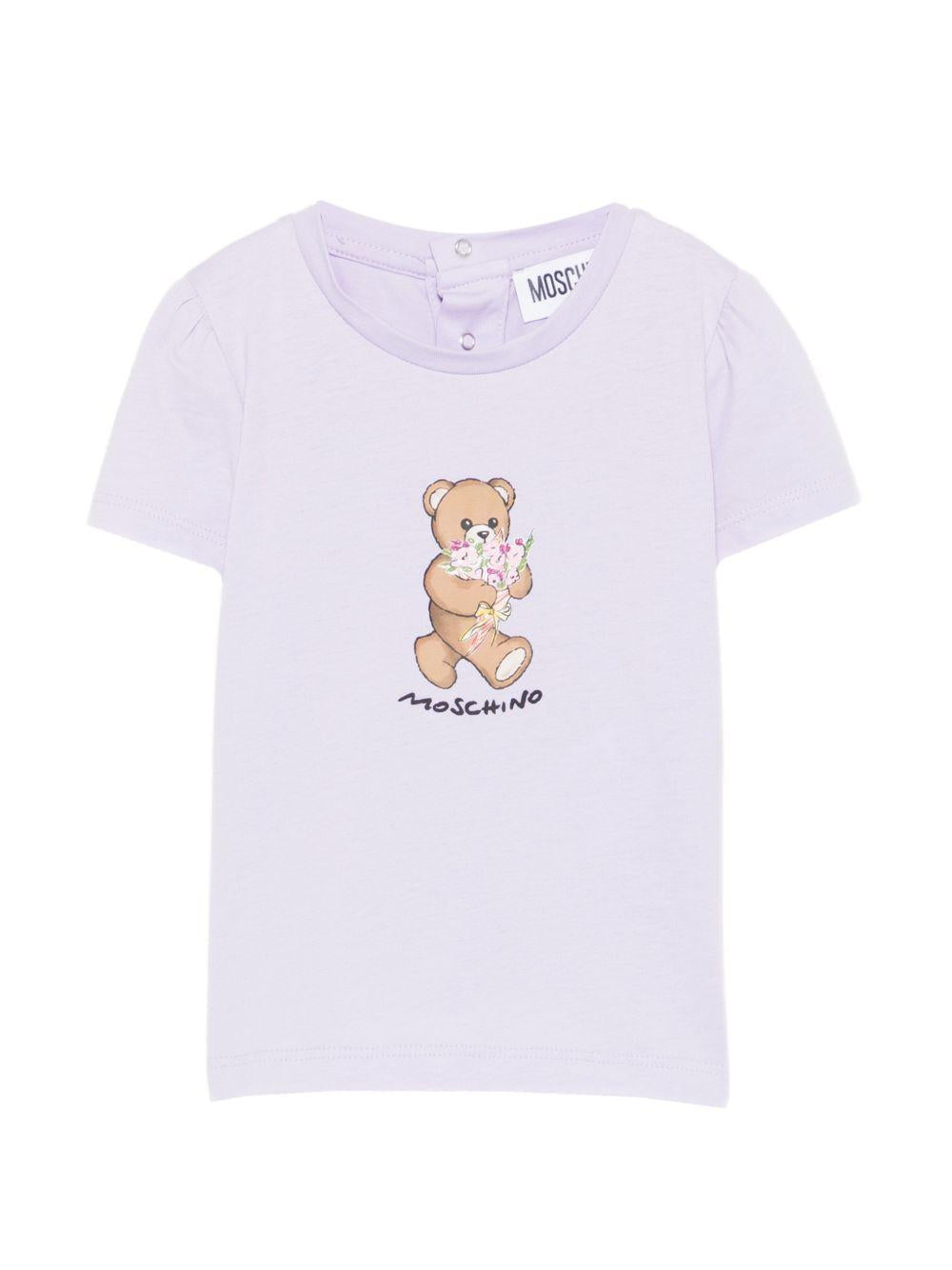 T-shirt per neonata Moschino Kids viola con stampa Teddy con mazzo di fiori MDM03NLAA02 51683 MOSCHINO KIDS
