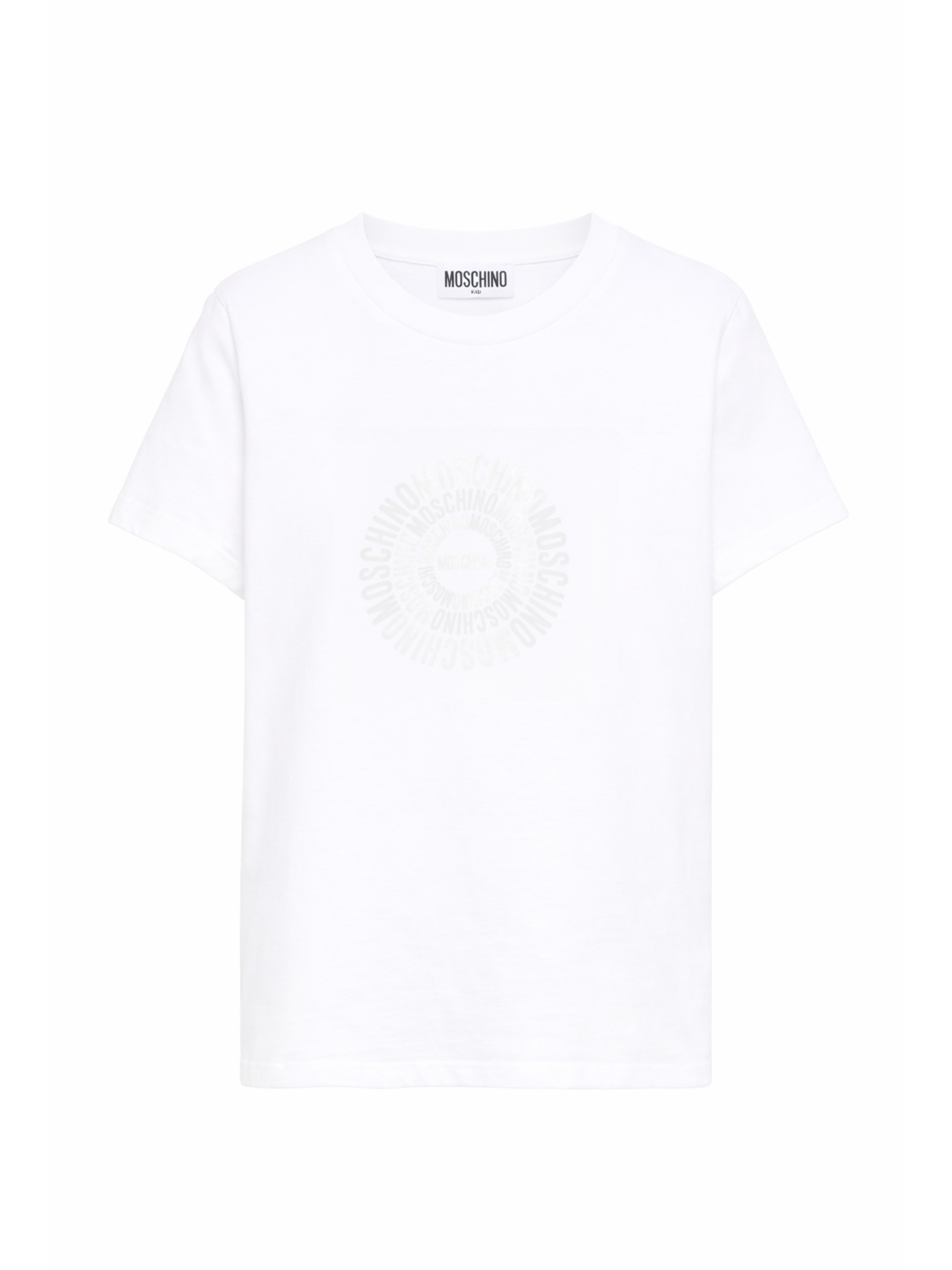 T-shirt per bambini Moschino Kids bianca con logo a spirale sul davanti HXM058LAA02 10101 MOSCHINO KIDS