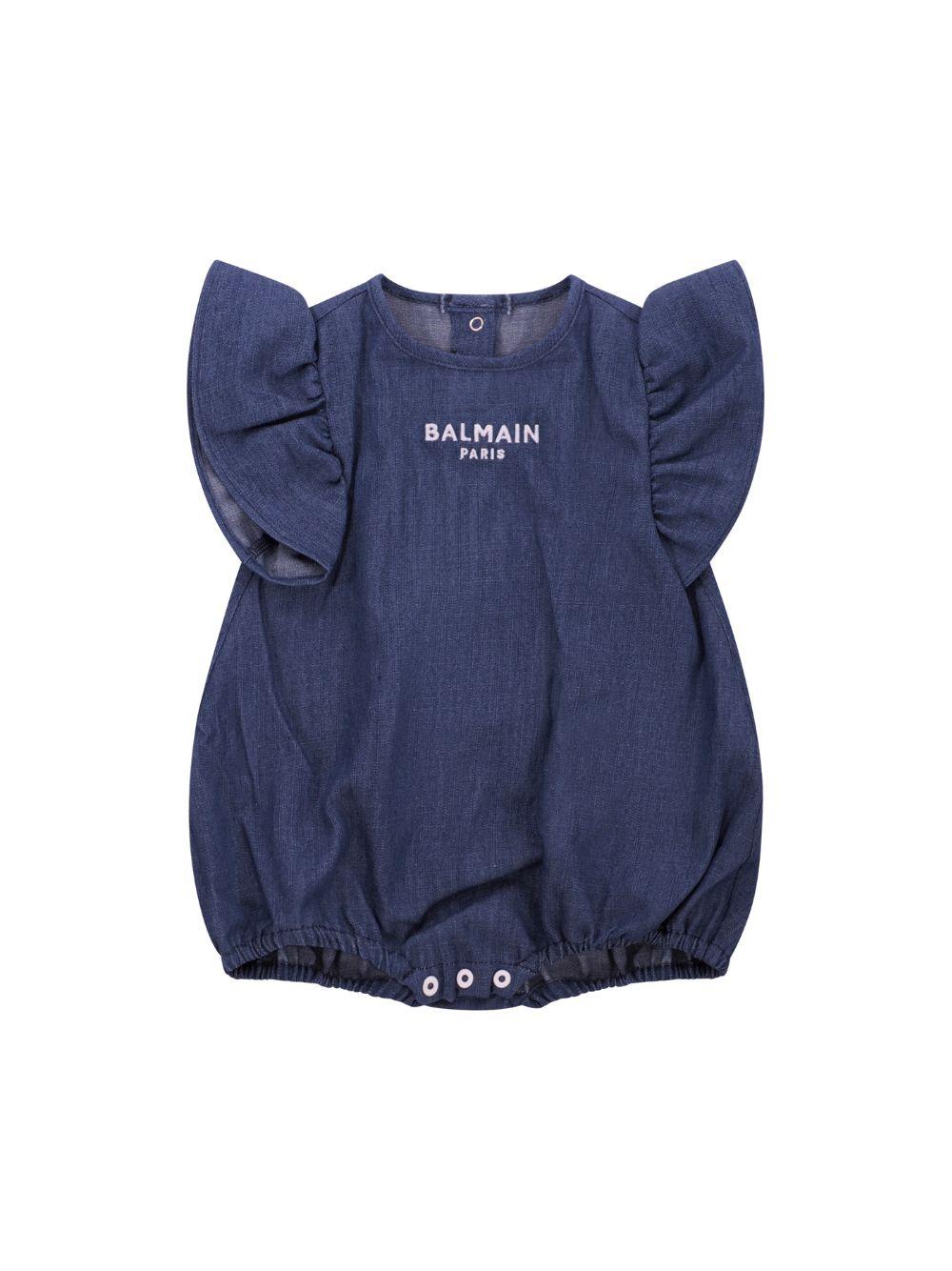 Tutina per neonata Balmain Kids denim con maniche a ruches BYA032 P0588 625 BALMAIN KIDS