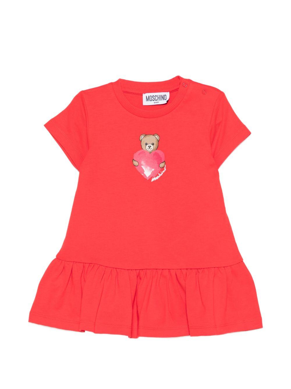 Abito per neonata Moschino Kids rosso con stampa Teddy Bear con cuore MDV0DJLAA02 50109 MOSCHINO KIDS