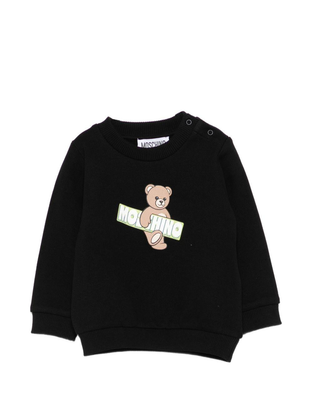 Felpa per neonati Moschino Kids nera con stampa Teddy Bear e logo sul davanti MWF060LCA90 60100 MOSCHINO KIDS