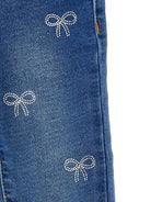 Jeans dritti per neonata Monnalisa in denim con stampa con fiocco - Rubino Kids