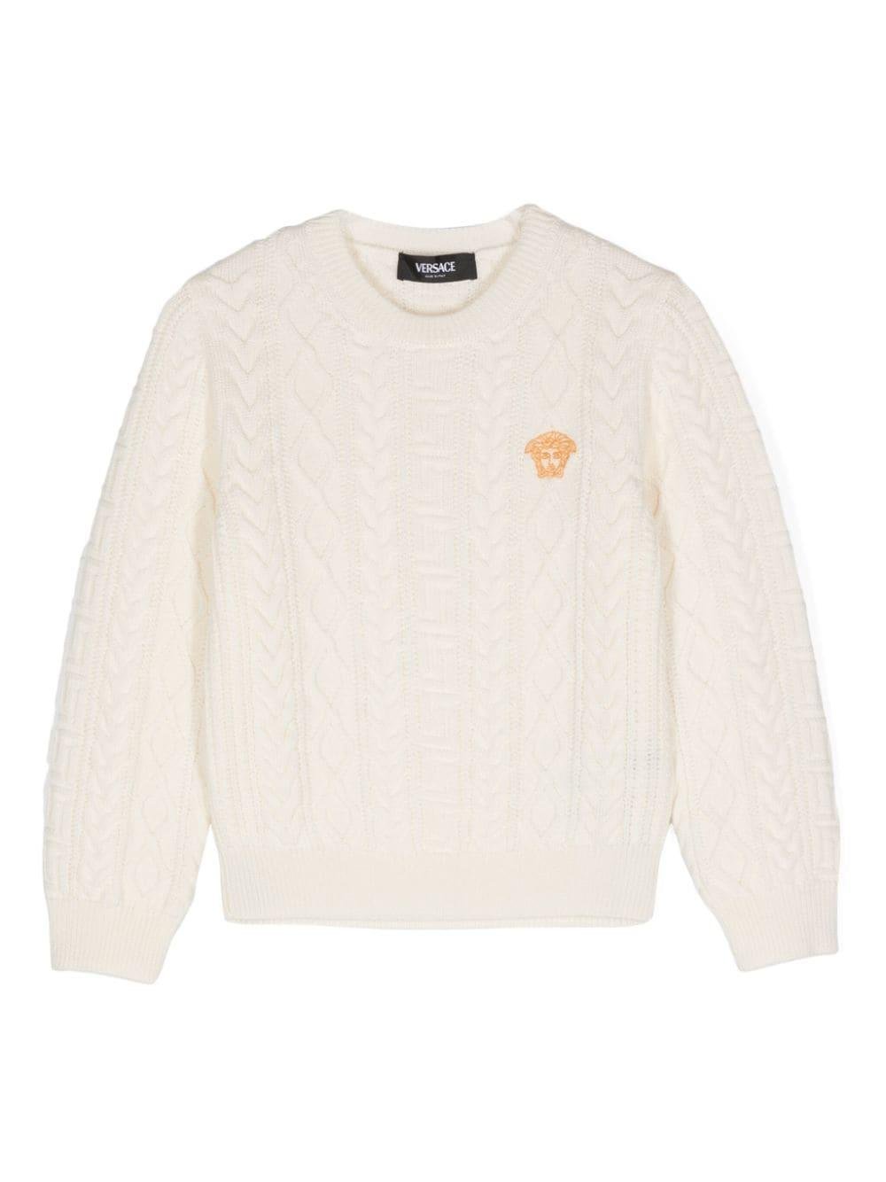 Maglione a trecce con testa di Medusa per bambino Versace Kids bianco con stile pull - on - Rubino Kids