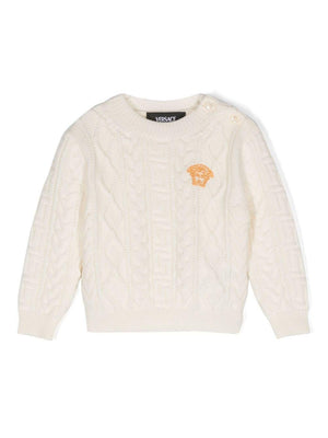 Maglione con ricamo Medusa per neonato Versace Kids bianco con maglia intrecciata