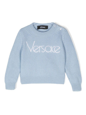 Versace Kids baby boy's light blue embroidered logo knitted sweater with long sleeves