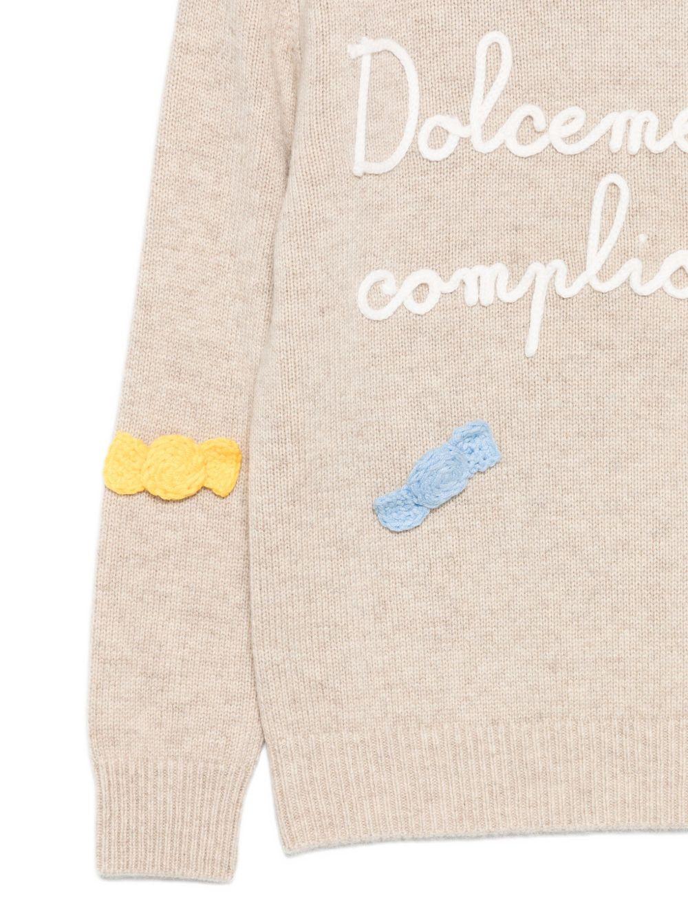 Maglione per bambina MC2 Saint Barth Kids beige con scritta ricamata sul davanti "Dolcemente complicata" - Rubino Kids